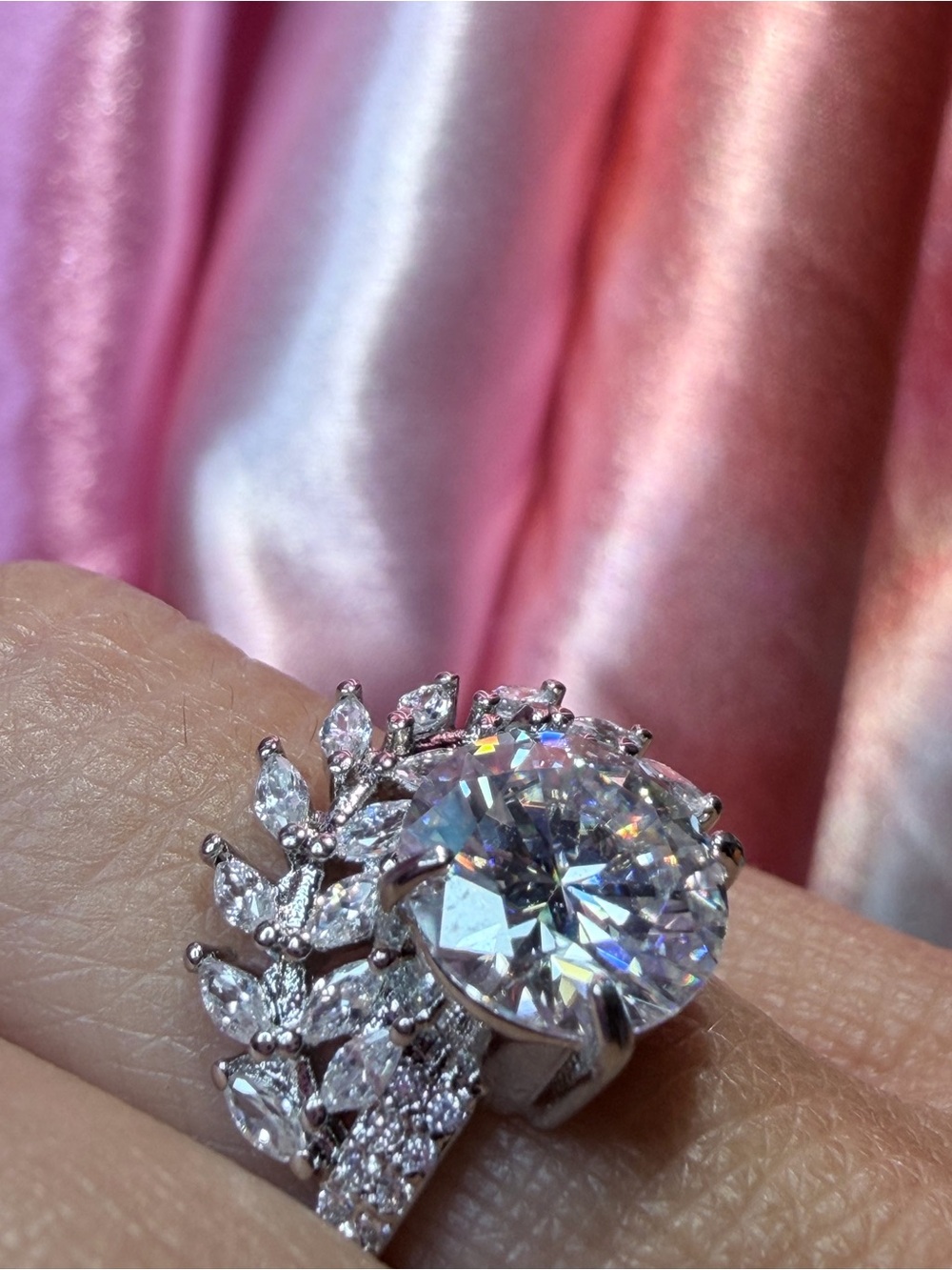 Elegant New 3.0 Carat Moissanite Ring with Sparkling Leaf Accent and Pave' band